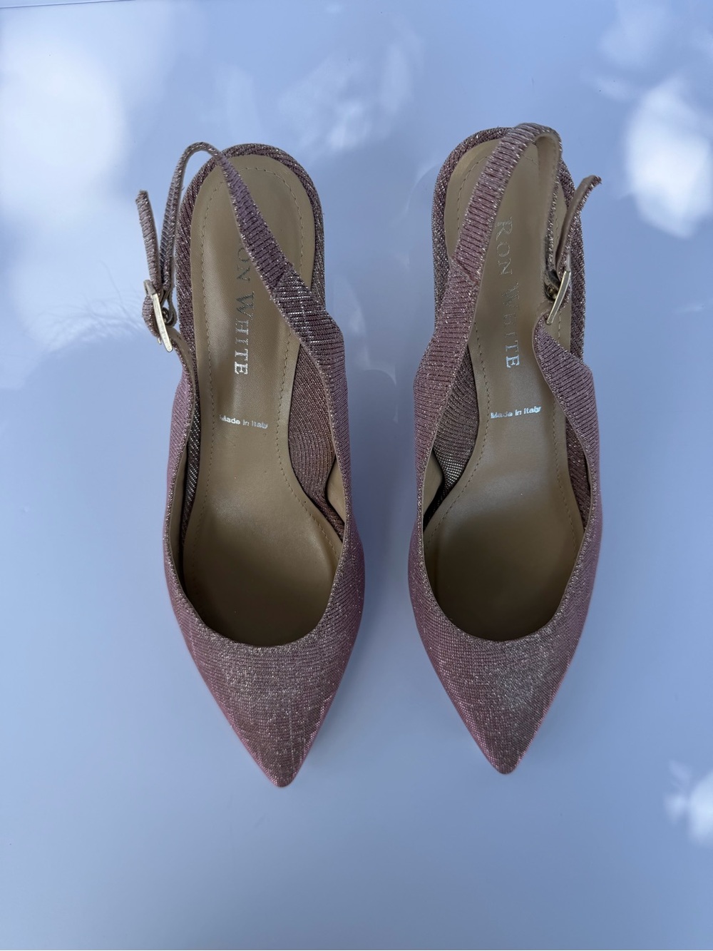 Rose Gold Slingback Pointed-Toe Pumps — RON WHITE
